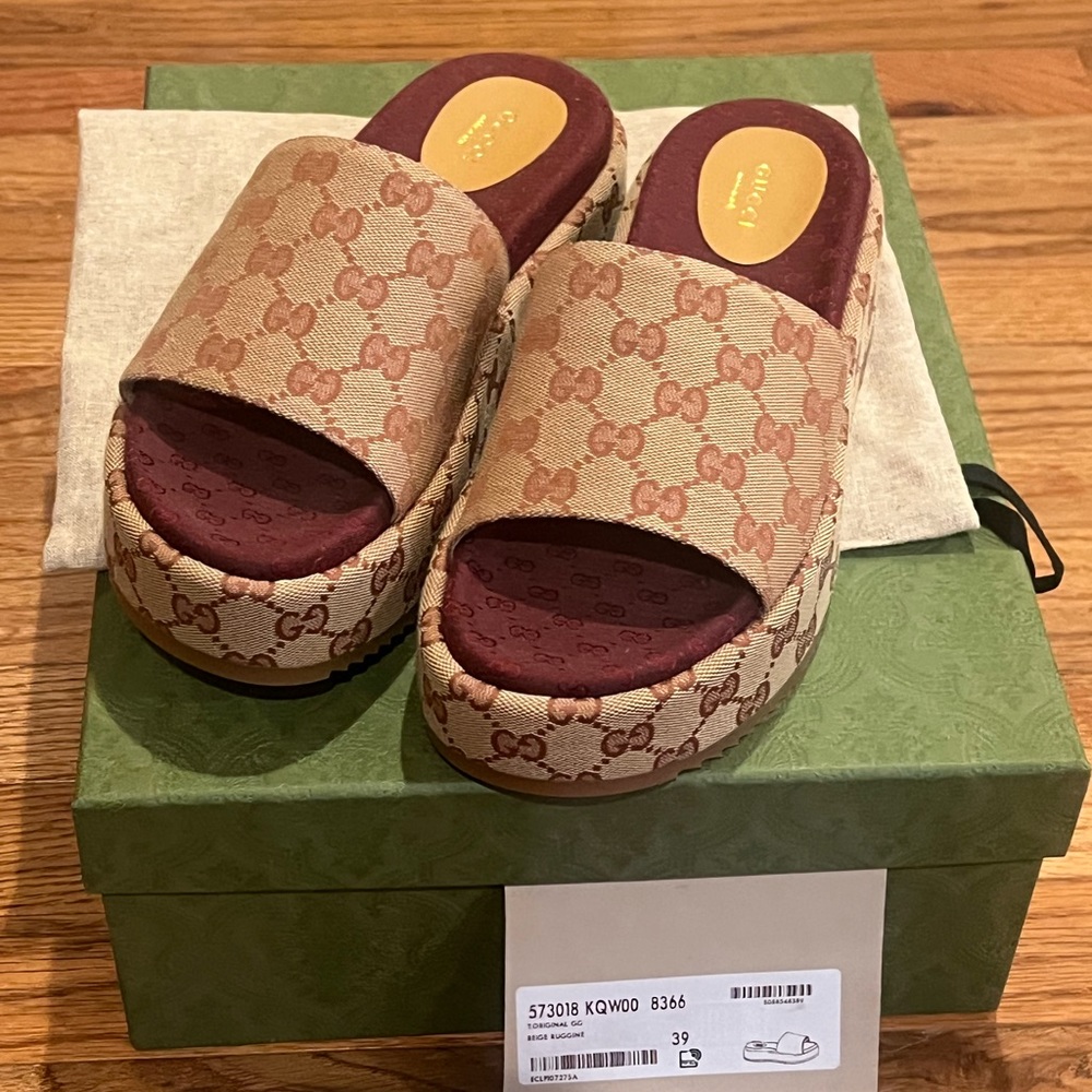New Gucci Angelina Platform Slide Sandals in Beige Ruggine GG Canvas US 9 39